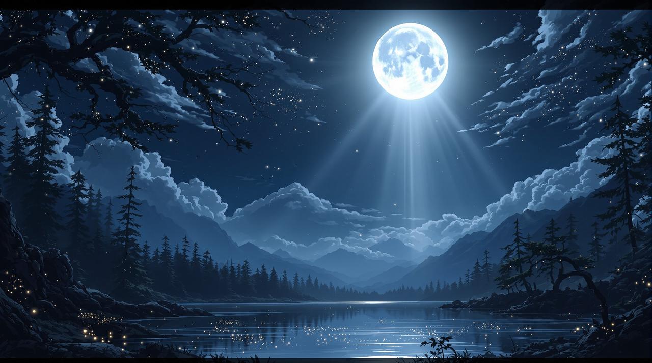 age动漫官方网站 - 清冷月光下的深夜番剧馆，月光洒落在静谧的湖面上，远山与星空交相辉映，营造出宁静深邃的追番氛围